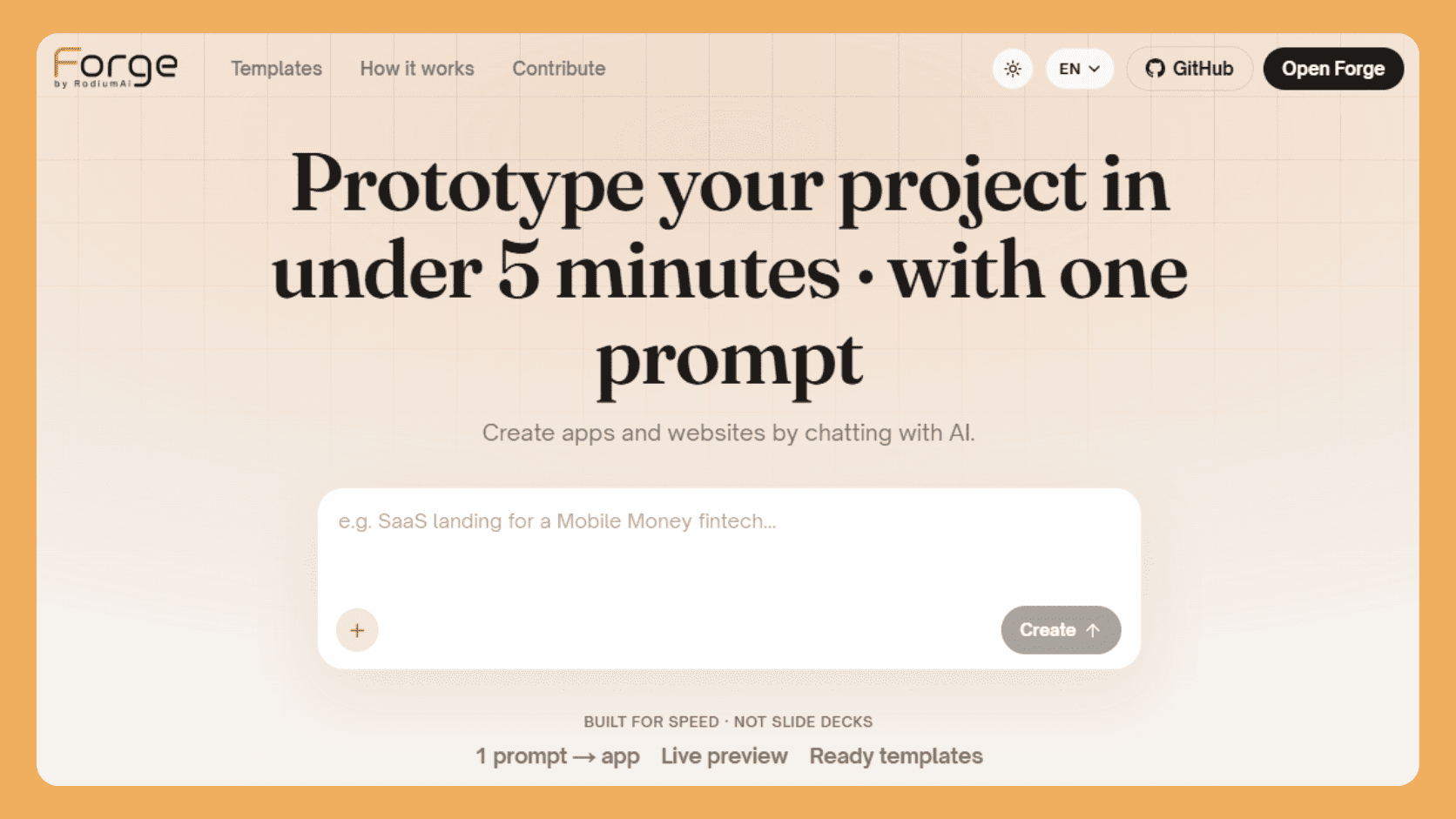 Forge landing - Prototype your project in under 5 minutes with one prompt