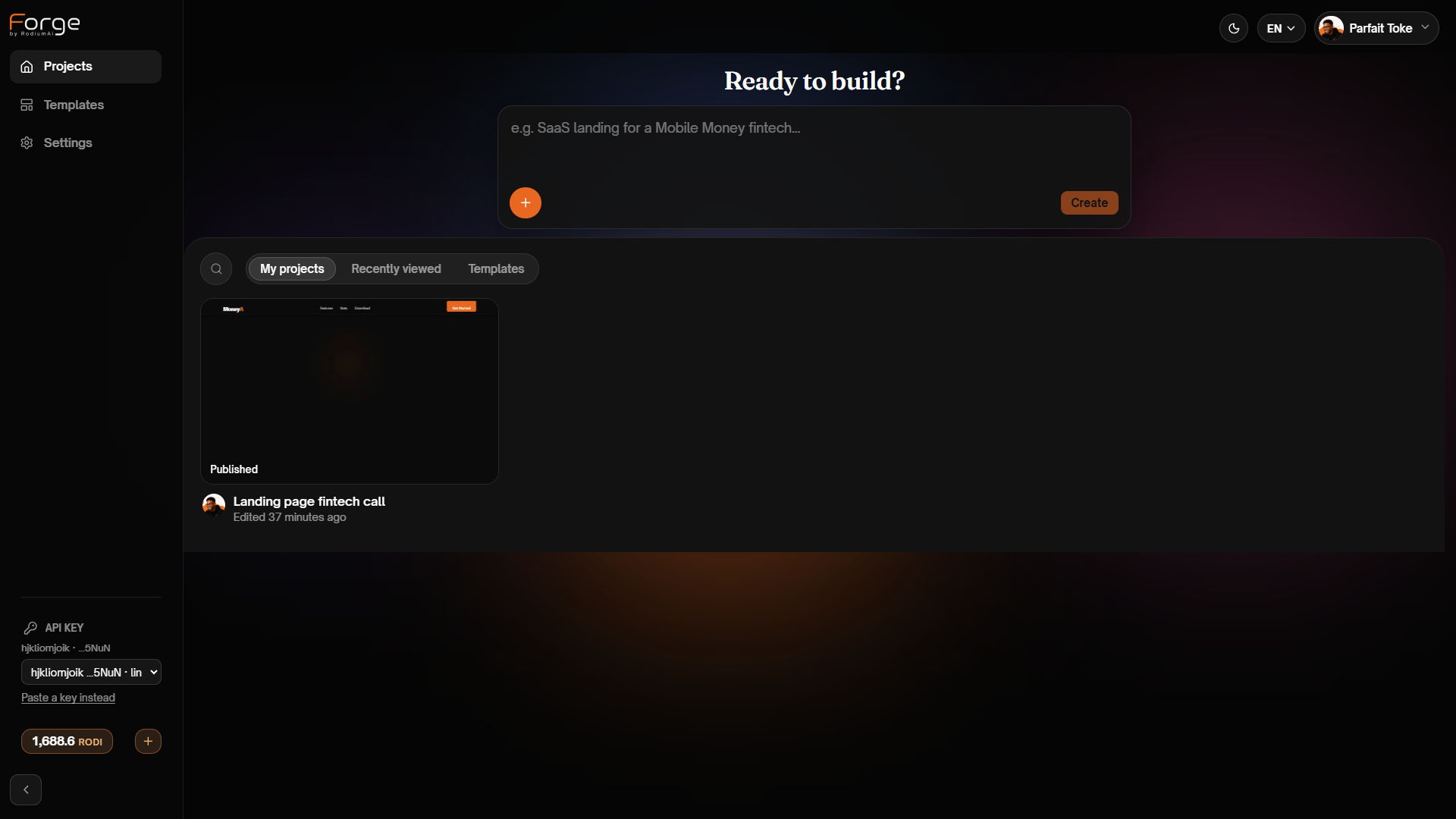 Forge dashboard - Ready to build? with RODI balance in the sidebar