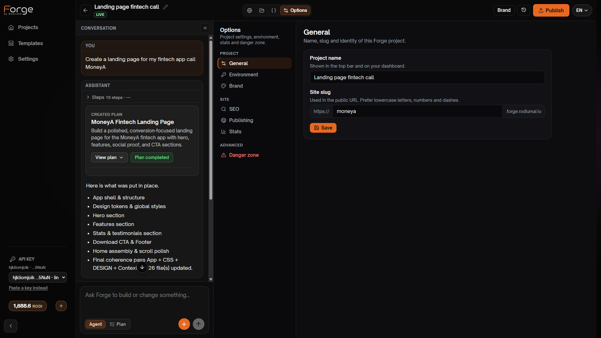 Project options - site slug moneya.forge.rodiumai.io