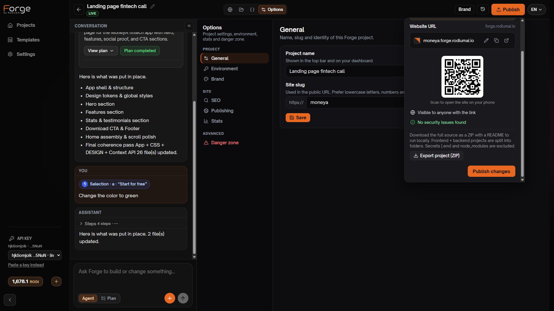 Publish panel - live URL, QR code, and Export project ZIP