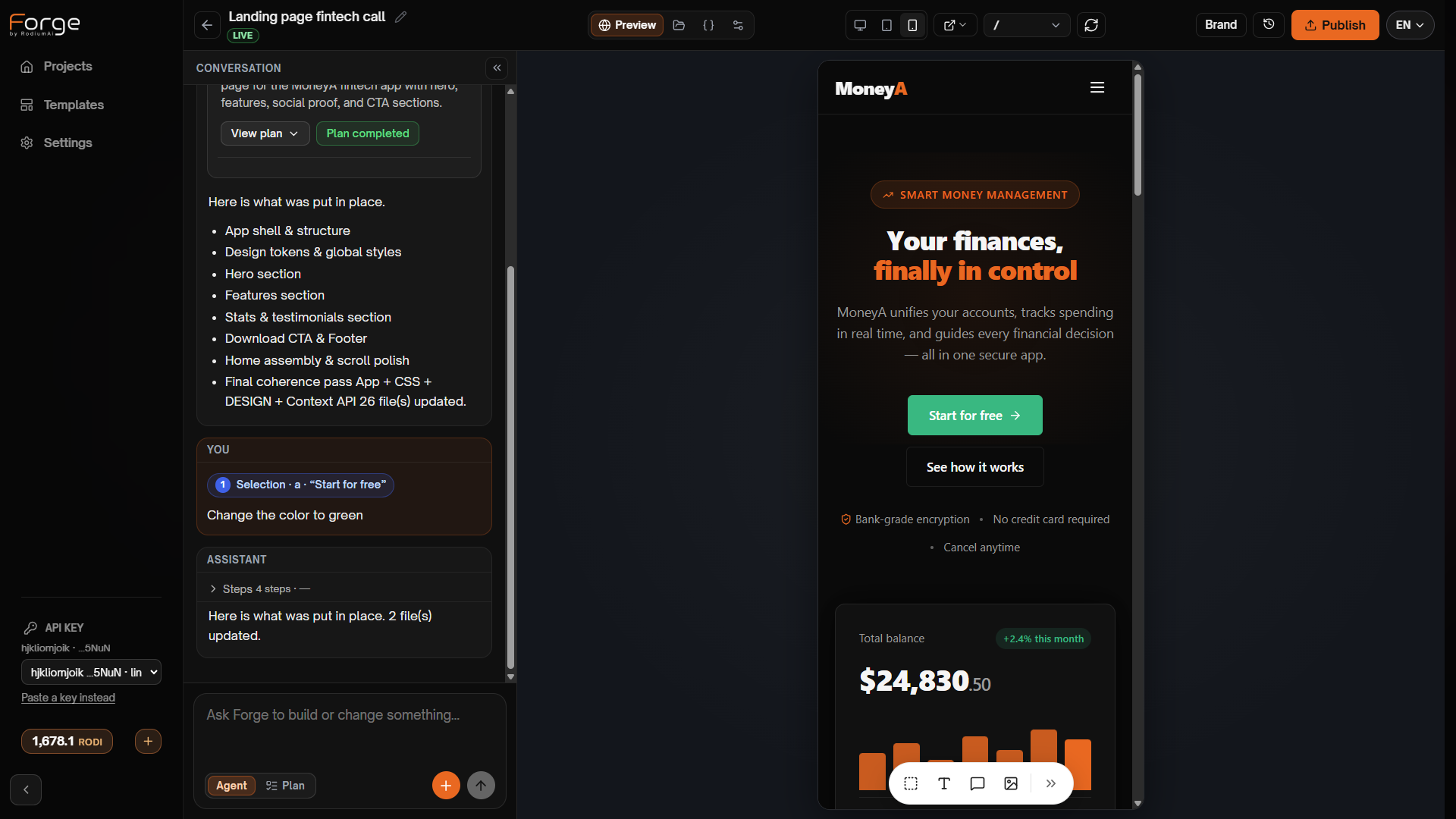 Mobile preview with on-canvas edit toolbar and green CTA after a chat tweak